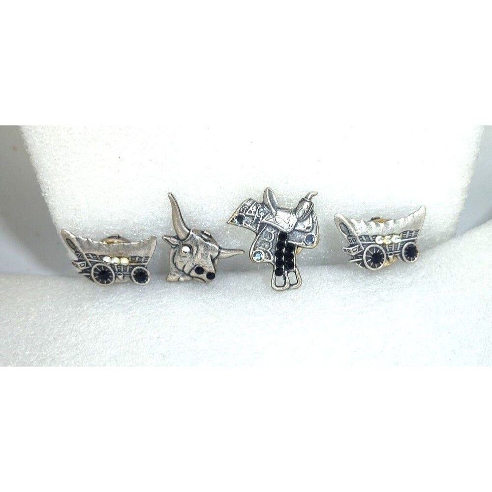 4 Vintage Western Button Covers- Saddle, 2 Wagons, a Cow Silver Tone Rhinestone